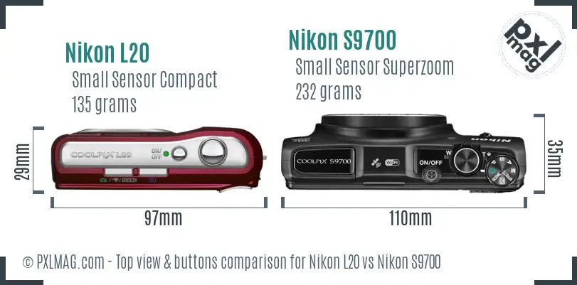 Nikon L20 vs Nikon S9700 top view buttons comparison Nikon L20 vs Nikon S9700 top view buttons comparison