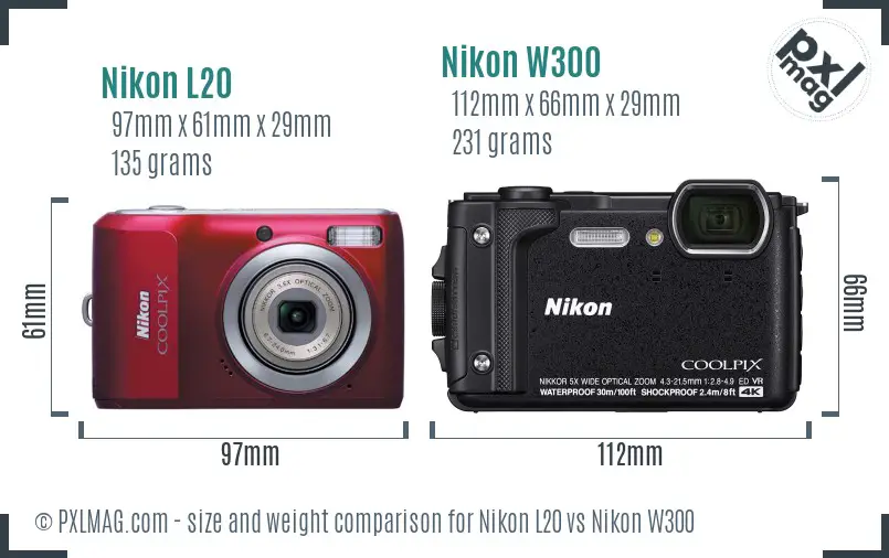 Nikon L20 vs Nikon W300 size comparison