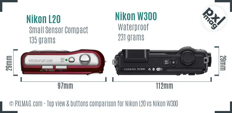 Nikon L20 vs Nikon W300 top view buttons comparison