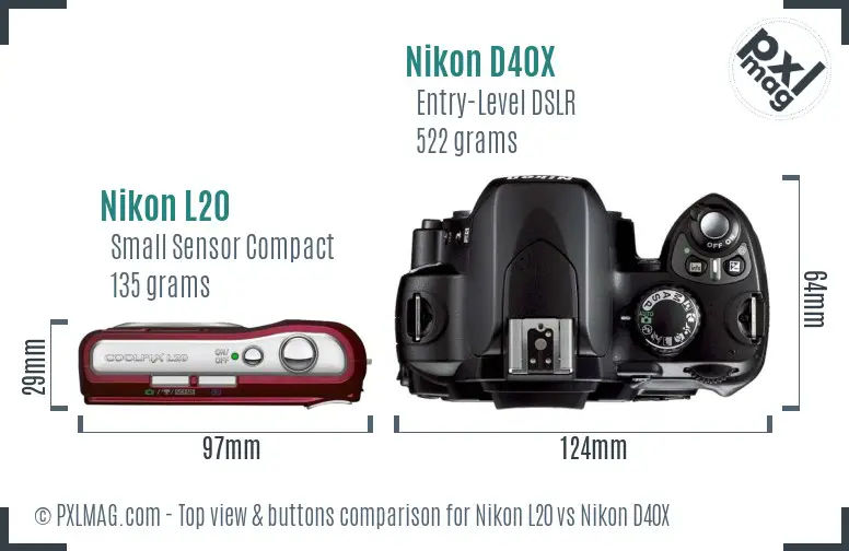 Nikon L20 vs Nikon D40X top view buttons comparison