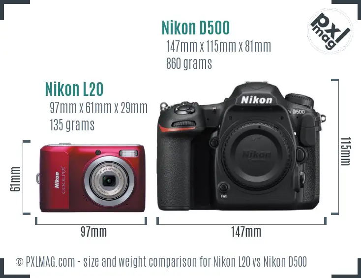 Nikon L20 vs Nikon D500 size comparison