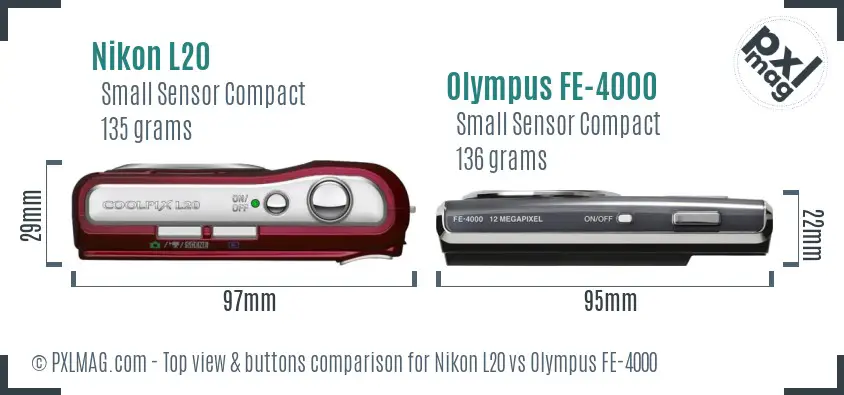 Nikon L20 vs Olympus FE-4000 top view buttons comparison