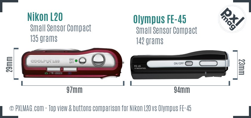 Nikon L20 vs Olympus FE-45 top view buttons comparison