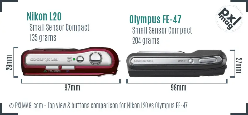 Nikon L20 vs Olympus FE-47 top view buttons comparison Nikon L20 vs Olympus FE-47 top view buttons comparison
