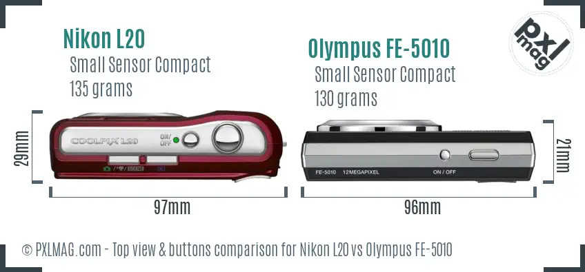 Nikon L20 vs Olympus FE-5010 top view buttons comparison