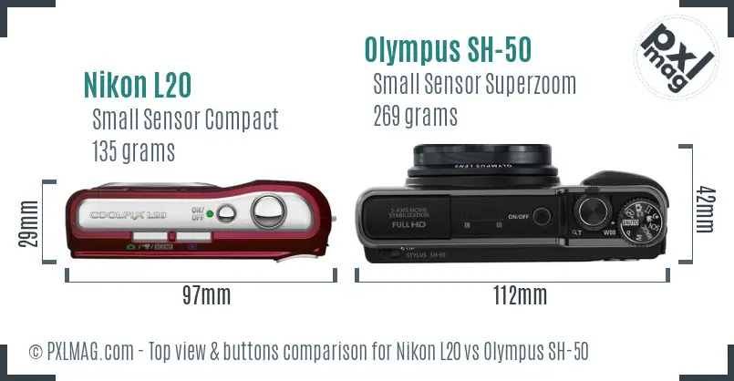 Nikon L20 vs Olympus SH-50 top view buttons comparison Nikon L20 vs Olympus SH-50 top view buttons comparison