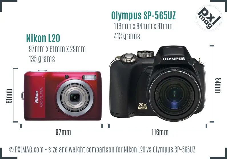 Nikon L20 vs Olympus SP-565UZ size comparison Nikon L20 vs Olympus SP-565UZ size comparison