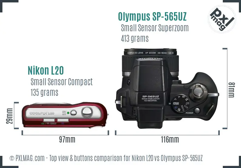 Nikon L20 vs Olympus SP-565UZ top view buttons comparison Nikon L20 vs Olympus SP-565UZ top view buttons comparison