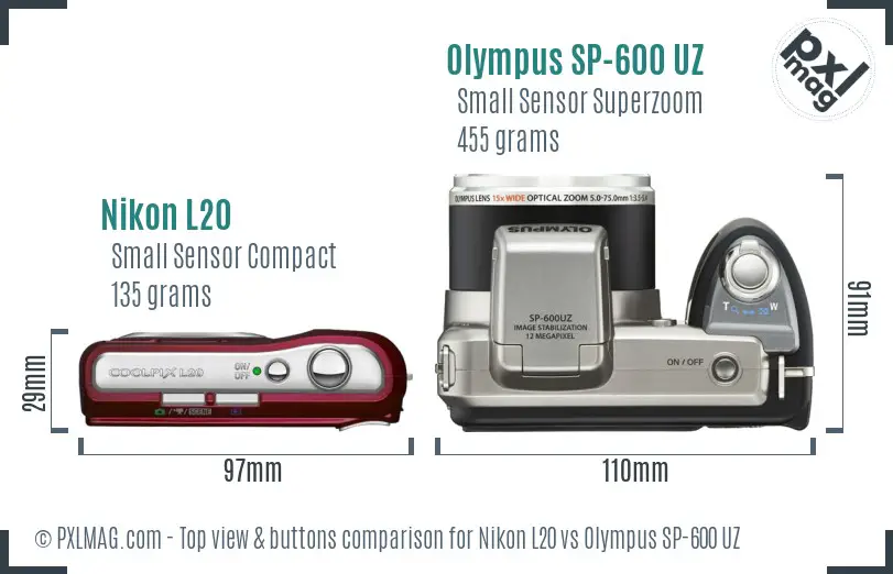 Nikon L20 vs Olympus SP-600 UZ top view buttons comparison