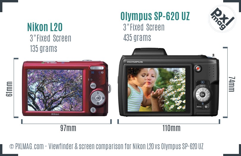Nikon L20 vs Olympus SP-620 UZ Screen and Viewfinder comparison