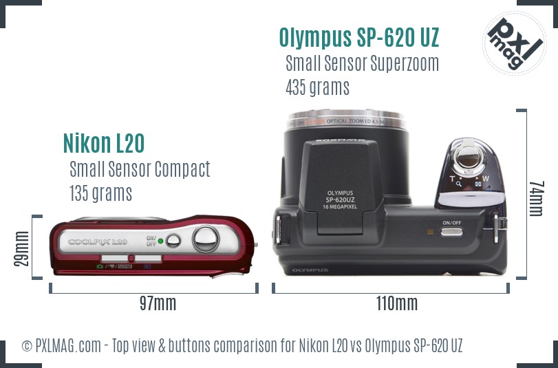 Nikon L20 vs Olympus SP-620 UZ top view buttons comparison