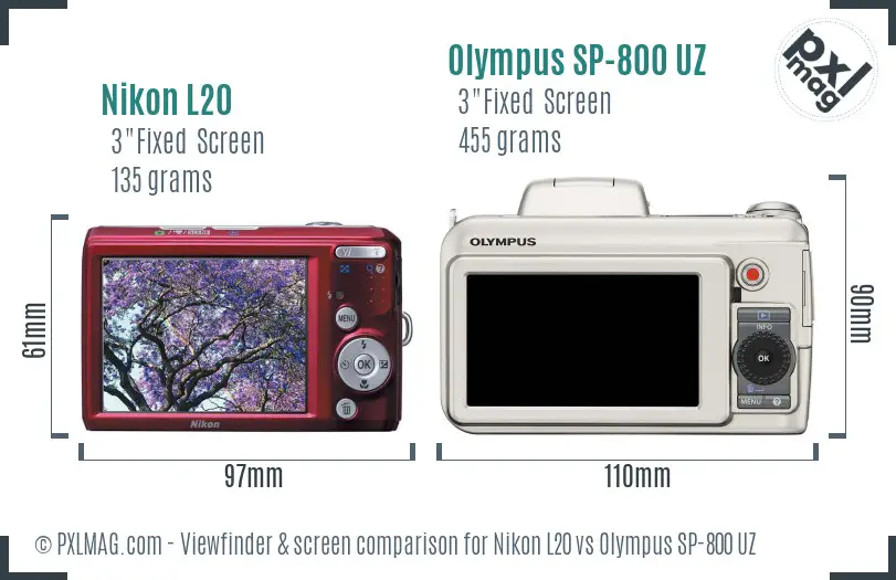 Nikon L20 vs Olympus SP-800 UZ Screen and Viewfinder comparison