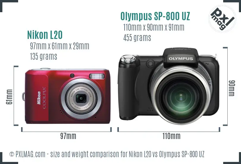 Nikon L20 vs Olympus SP-800 UZ size comparison