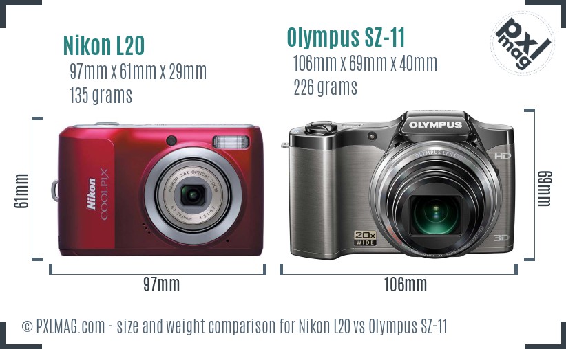 Nikon L20 vs Olympus SZ-11 size comparison