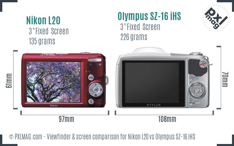 Nikon L20 vs Olympus SZ-16 iHS Screen and Viewfinder comparison