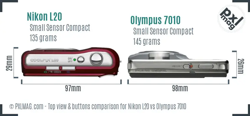 Nikon L20 vs Olympus 7010 top view buttons comparison