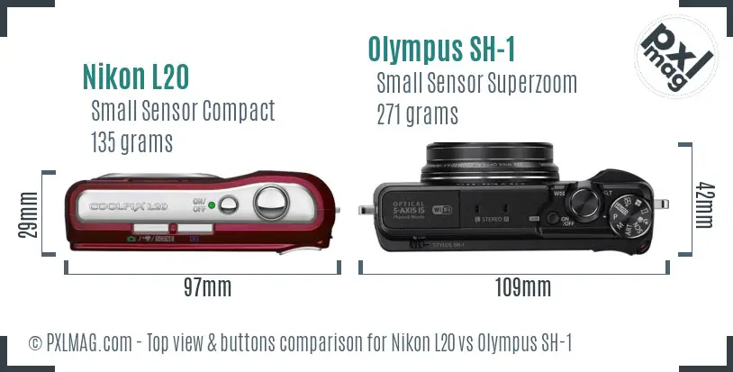 Nikon L20 vs Olympus SH-1 top view buttons comparison