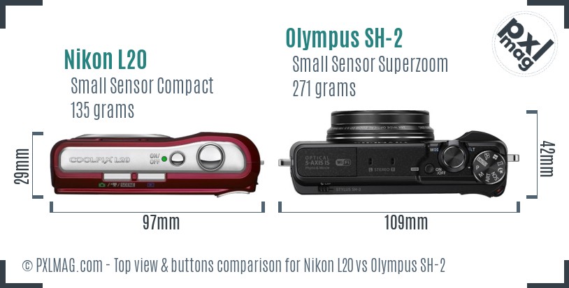 Nikon L20 vs Olympus SH-2 top view buttons comparison