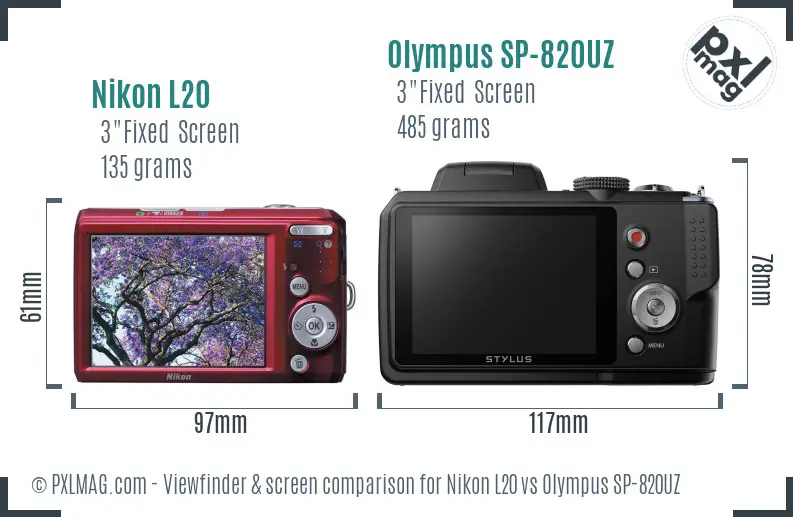Nikon L20 vs Olympus SP-820UZ Screen and Viewfinder comparison
