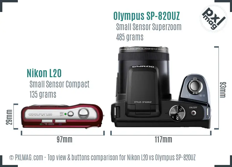 Nikon L20 vs Olympus SP-820UZ top view buttons comparison