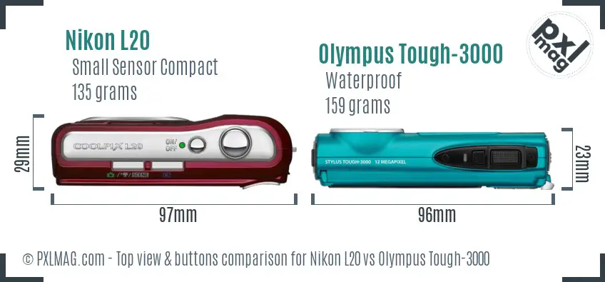 Nikon L20 vs Olympus Tough-3000 top view buttons comparison