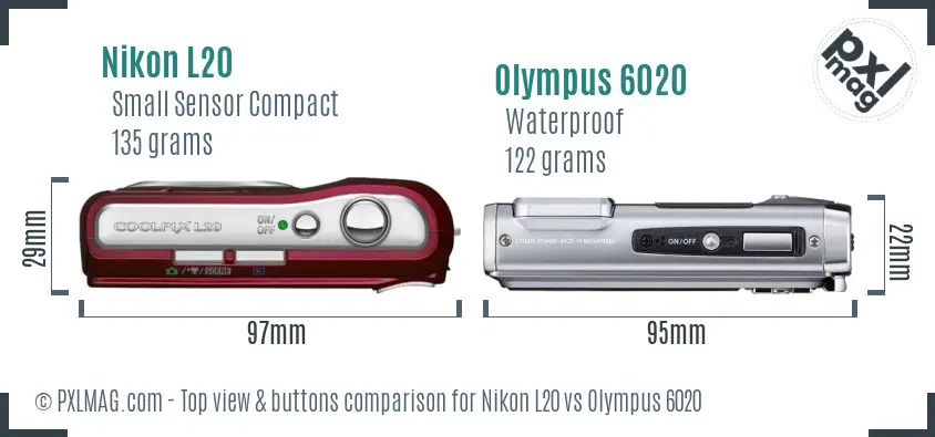 Nikon L20 vs Olympus 6020 top view buttons comparison Nikon L20 vs Olympus 6020 top view buttons comparison