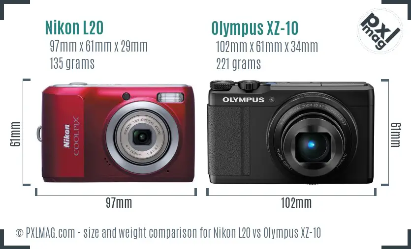 Nikon L20 vs Olympus XZ-10 size comparison