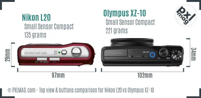 Nikon L20 vs Olympus XZ-10 top view buttons comparison