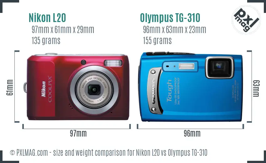 Nikon L20 vs Olympus TG-310 size comparison