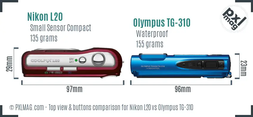 Nikon L20 vs Olympus TG-310 top view buttons comparison