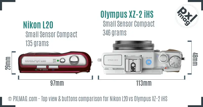 Nikon L20 vs Olympus XZ-2 iHS top view buttons comparison