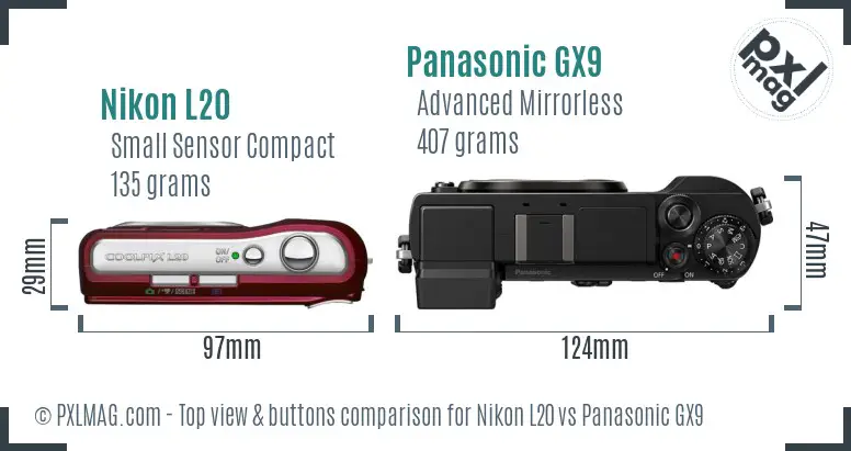 Nikon L20 vs Panasonic GX9 top view buttons comparison