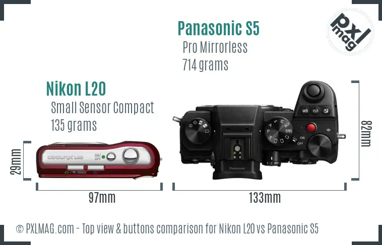Nikon L20 vs Panasonic S5 top view buttons comparison Nikon L20 vs Panasonic S5 top view buttons comparison