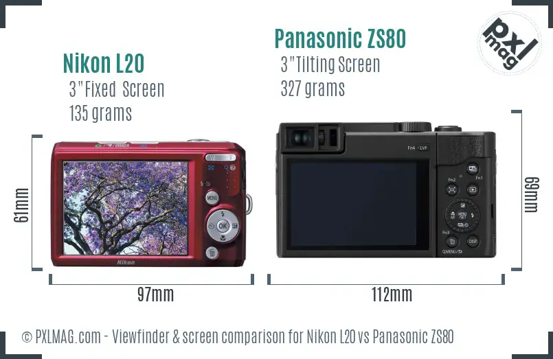 Nikon L20 vs Panasonic ZS80 Screen and Viewfinder comparison