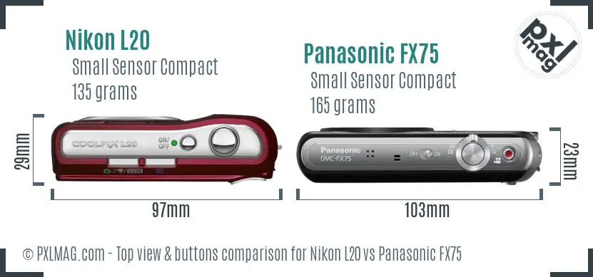 Nikon L20 vs Panasonic FX75 top view buttons comparison Nikon L20 vs Panasonic FX75 top view buttons comparison