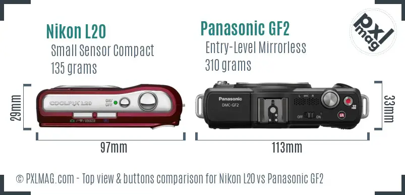 Nikon L20 vs Panasonic GF2 top view buttons comparison Nikon L20 vs Panasonic GF2 top view buttons comparison