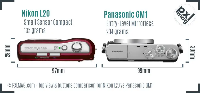 Nikon L20 vs Panasonic GM1 top view buttons comparison