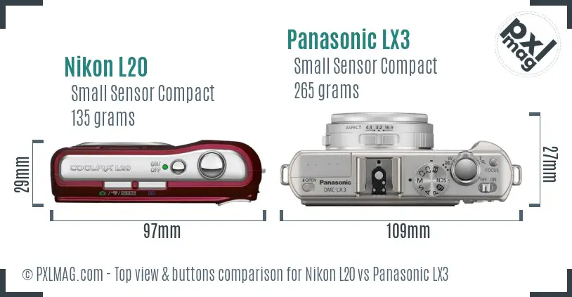 Nikon L20 vs Panasonic LX3 top view buttons comparison