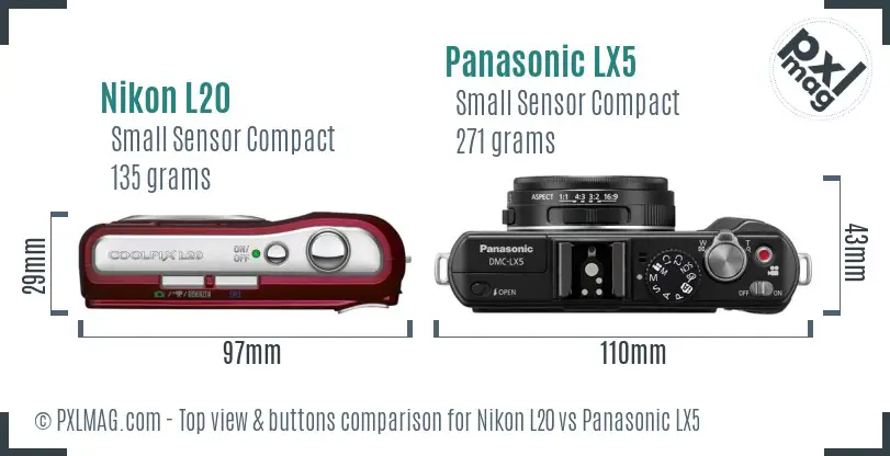 Nikon L20 vs Panasonic LX5 top view buttons comparison Nikon L20 vs Panasonic LX5 top view buttons comparison