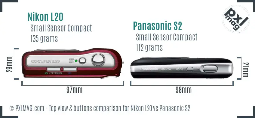 Nikon L20 vs Panasonic S2 top view buttons comparison