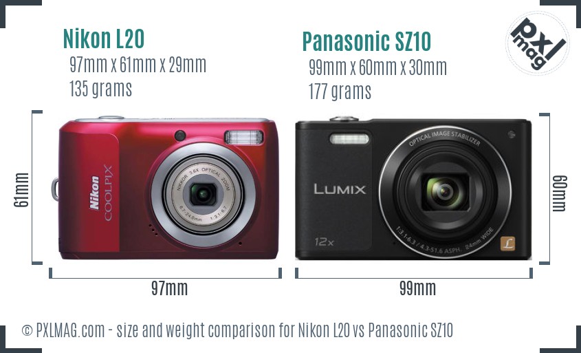 Nikon L20 vs Panasonic SZ10 size comparison
