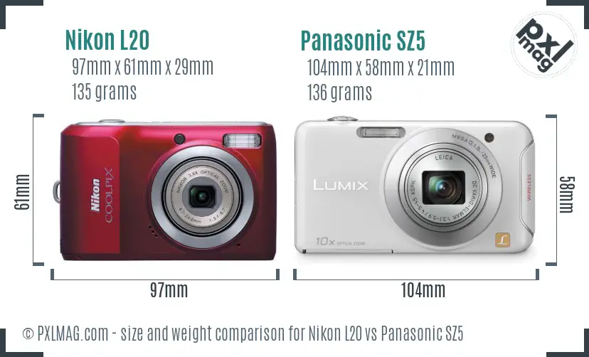 Nikon L20 vs Panasonic SZ5 size comparison