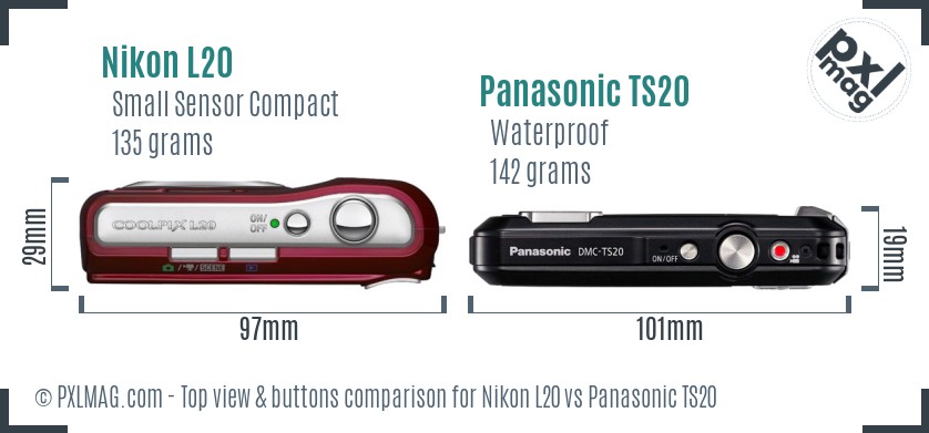 Nikon L20 vs Panasonic TS20 top view buttons comparison