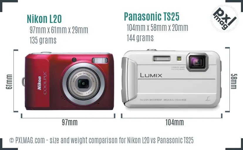 Nikon L20 vs Panasonic TS25 size comparison
