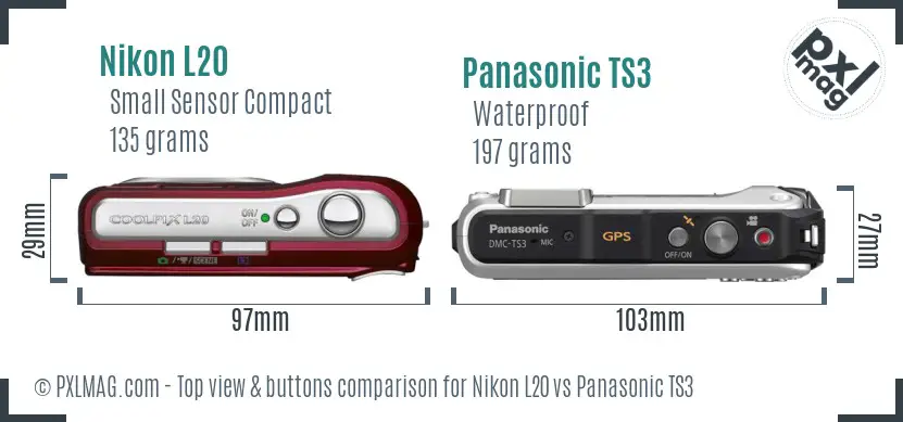 Nikon L20 vs Panasonic TS3 top view buttons comparison