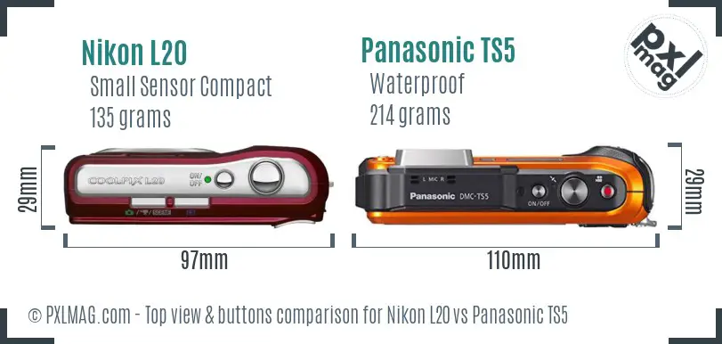 Nikon L20 vs Panasonic TS5 top view buttons comparison