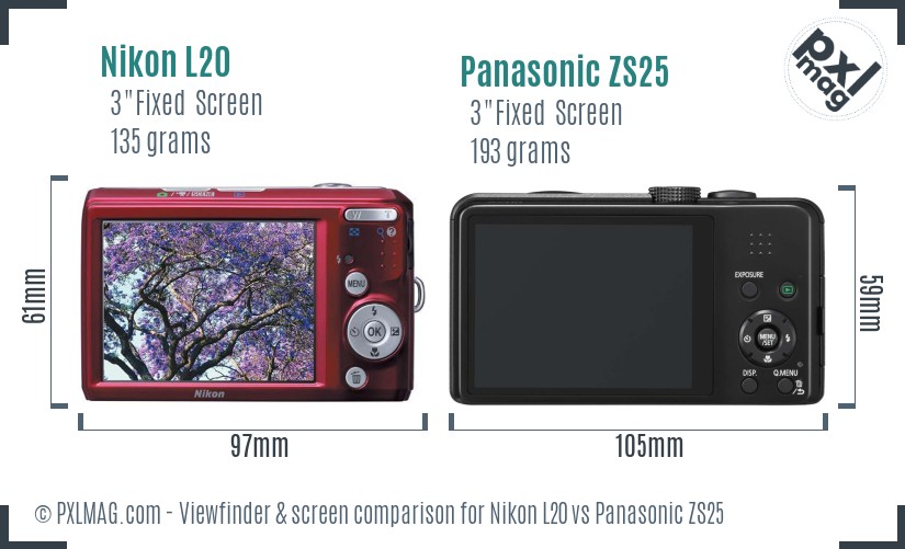Nikon L20 vs Panasonic ZS25 Screen and Viewfinder comparison