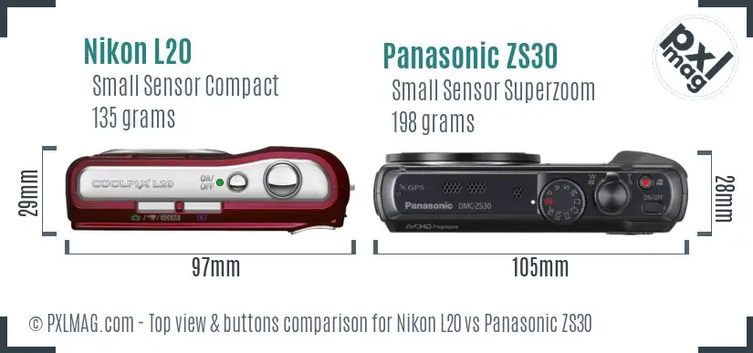 Nikon L20 vs Panasonic ZS30 top view buttons comparison