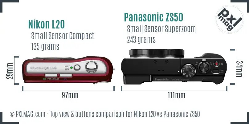 Nikon L20 vs Panasonic ZS50 top view buttons comparison