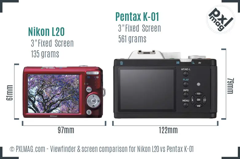Nikon L20 vs Pentax K-01 Screen and Viewfinder comparison